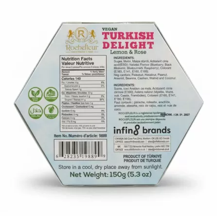 Rochefleur Vegan Turkish Delight Lemon & Rose hexagonal box back with ingredients and nutrition facts