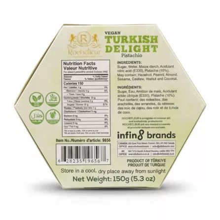 Back of Rochefleur Vegan Turkish Delight box showing ingredients and nutritional facts