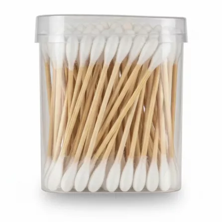 Close-up of wooden stick cotton swabs with packaging label