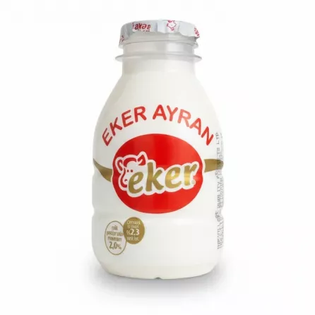 Bottle of Eker Ayran yogurt drink with red and gold logo