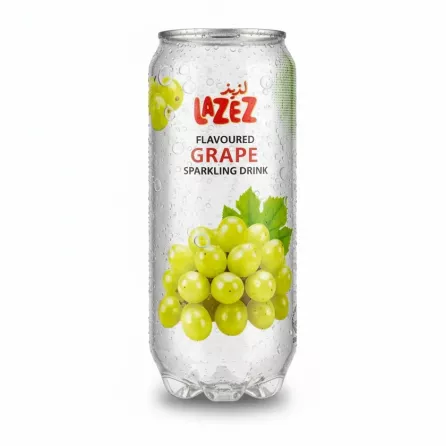 Lazez Flavoured Grape Sparkling Drink can showing green grapes and logo