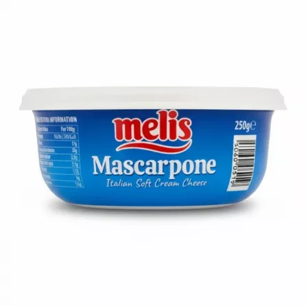 Melis Mascarpone cream cheese container side view showing label and weight