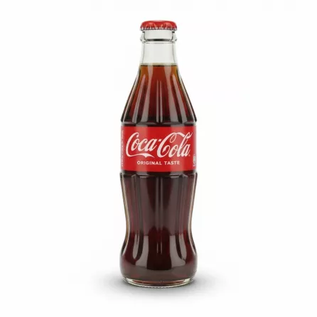 Hand holding a Coca Cola original taste 250ml glass bottle with red label