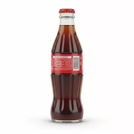 Back view of Coca Cola original taste glass bottle showing nutritional info and barcode