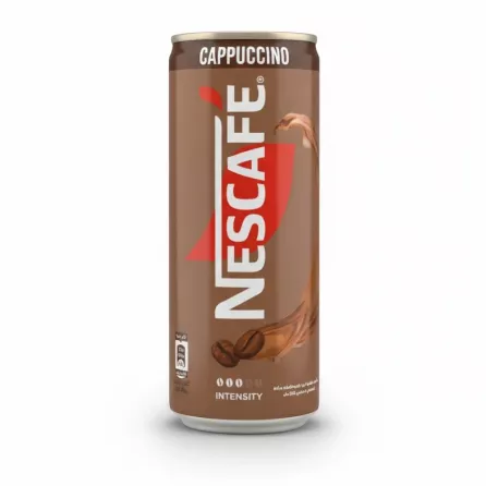 Nescafé Cappuccino brown can held in hand