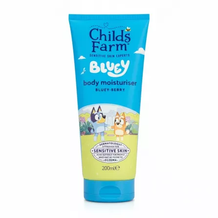 Tube of Childs Farm Bluey Bluey-Berry body moisturiser on a white background