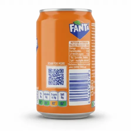 Back view of Fanta Orange can showing nutritional info and barcode