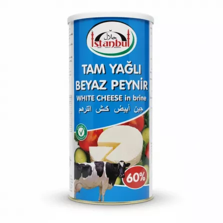 Container of Istanbul brand full-fat white cheese in brine showing front label