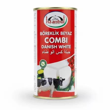 Istanbul Danish White Cheese Combi can with red label featuring cow and cheese images