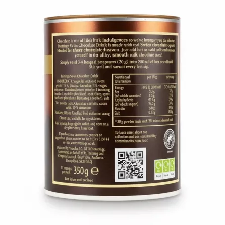 Back label of Twinings Swiss chocolate drink with ingredients and nutrition facts