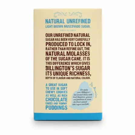 Back of Billington's Light Muscovado box with product description and usage tips