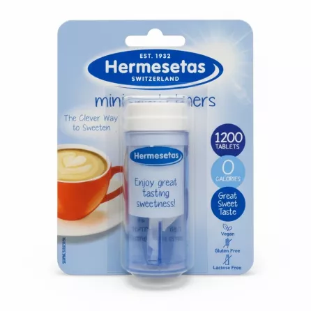 Hermesetas mini sweetener tablet dispenser in packaging showing brand and benefits
