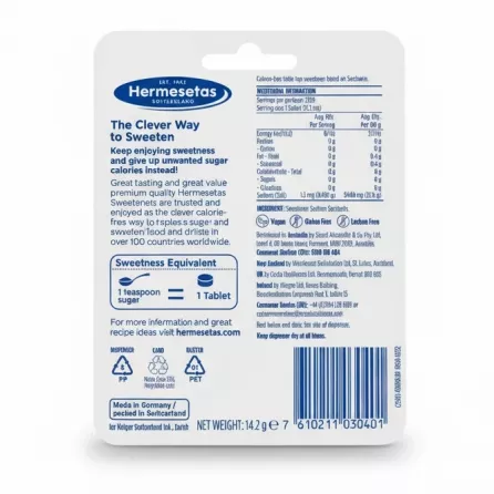 Back of Hermesetas sweetener packaging with nutritional information and ingredients
