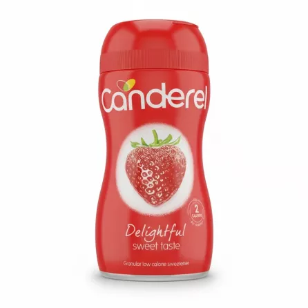 Red plastic container of Canderel Granules sweetener with strawberry image on label
