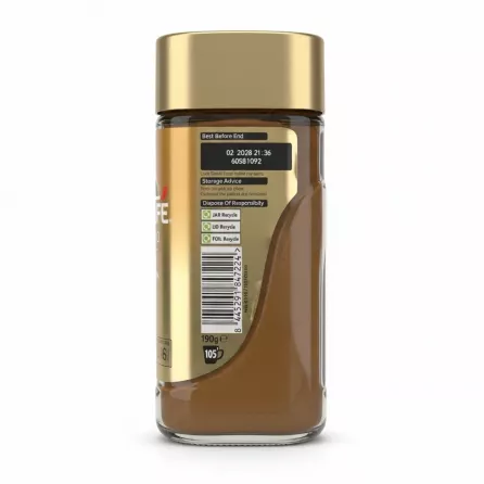 Back label of Nescafe Gold Blend Smooth coffee jar showing storage and barcode