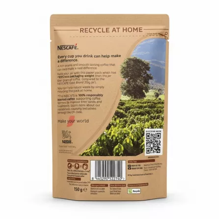 Nescafé Gold Blend instant coffee recyclable paper refill pack back with recycling instructions