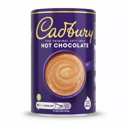 Cadbury purple tin of hot chocolate powder with swirl on surface