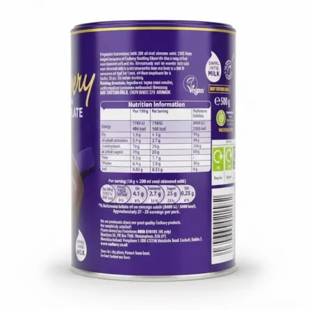 Nutrition and preparation information on Cadbury Hot Chocolate tin