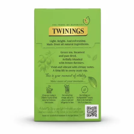 Twinings Lemon Green Tea box back with brewing instructions
