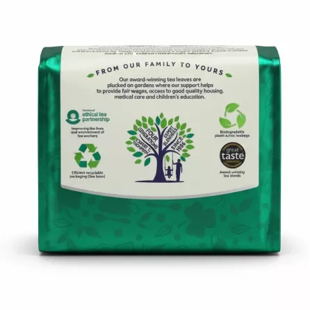 Back label of Thompson's Irish Breakfast Tea with ethical and sustainability icons