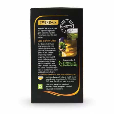 Back of Twinings tea box showing ethical tea partnership information