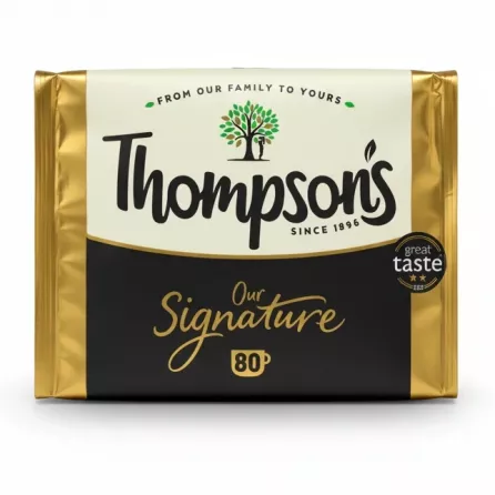Thompson's Signature Black Tea gold and black foil pack with logo