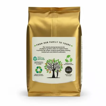 Back of Thompson's tea pack showing sustainability icons and ethical sourcing details