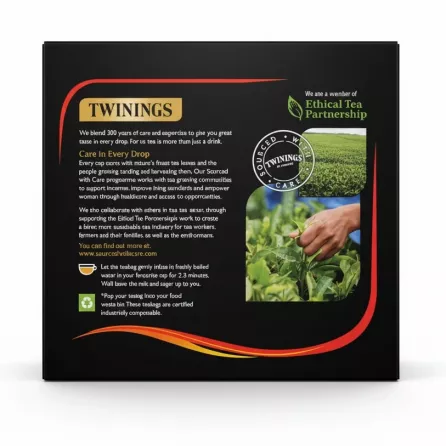 Back of Twinings Assam tea box explaining care in sourcing and ethical tea partnership
