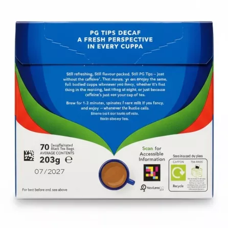 Back of PG Tips Decaf tea box showing product info and contents