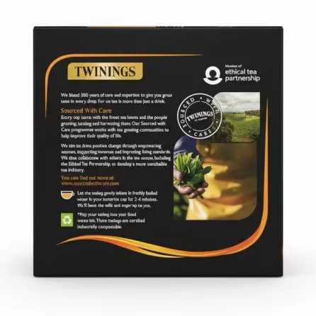 Back of Twinings Decaffeinated English Breakfast tea box with product info