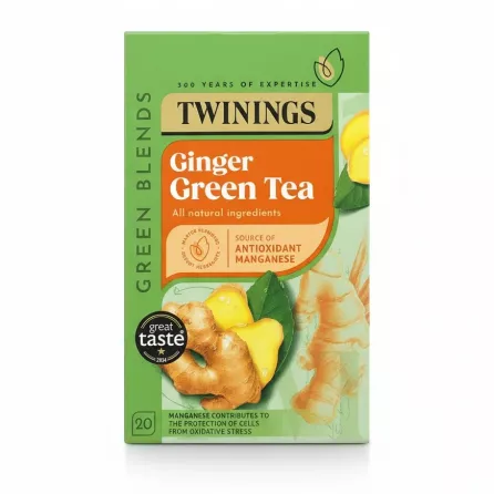 Twinings Ginger Green Tea box showing ginger root illustration and product label