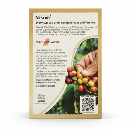 Back of NESCAFÉ Vanilla Latte box showing responsible sourcing and product description