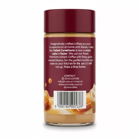 Costa Coffee Barista Creations Salted Caramel Latte jar back with contact and barcode