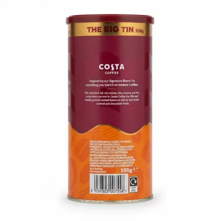 Costa Coffee Smooth Medium Roast instant coffee big tin back view with ingredients and barcode