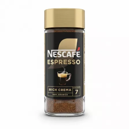 Glass jar of Nescafe Espresso Rich Crema instant coffee with gold lid
