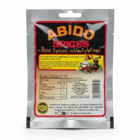 Abido Red Chili Spice 50g back packaging with nutritional info