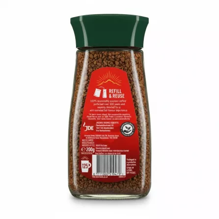 Back label of Kenco Decaf Instant Coffee jar showing sourcing and storage info