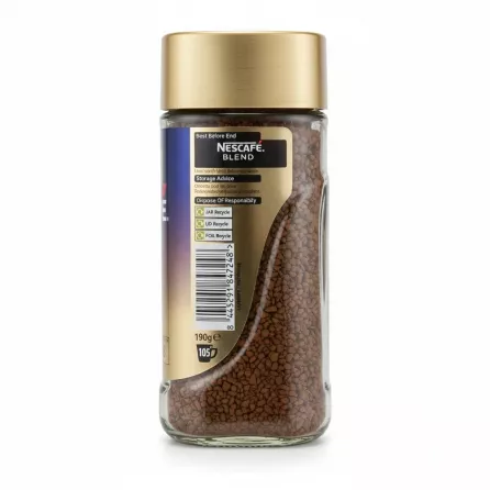 Nescafe Gold Blend Decaf instant coffee jar back with barcode and recycling info