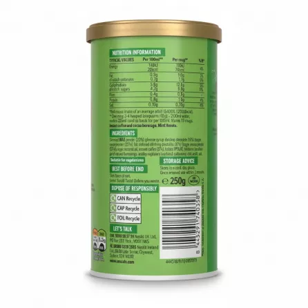 Nescafé Peppermint Mocha Instant Coffee tin nutrition and ingredients label on a white background