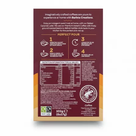 Back of Costa Coffee Salted Caramel Latte box with preparation instructions and nutritional info