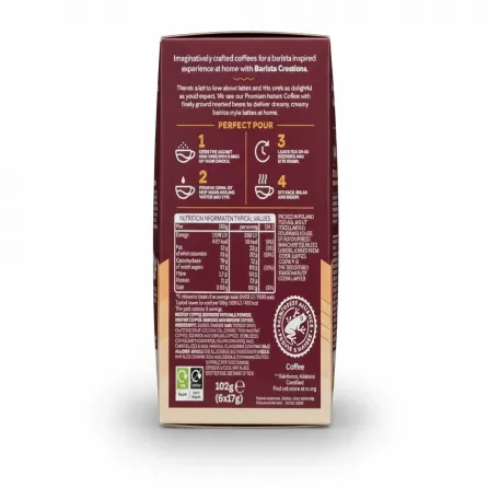 Nutritional information and preparation instructions on Costa Coffee Barista Creations Latte pack