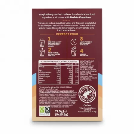 Back of Costa Coffee Barista Creations Iced Latte showing ingredients and preparation instructions