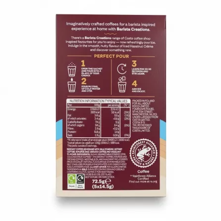 Costa Coffee Barista Creations Iced Hazelnut Crème nutrition and ingredients info on packaging