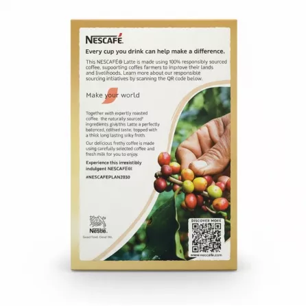 Back of Nescafé Latte box showing coffee and sourcing details