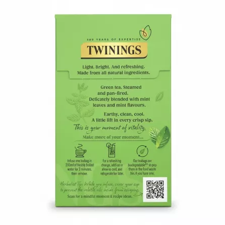 Back of Twinings Mint Green Tea box showing product description and brewing instructions