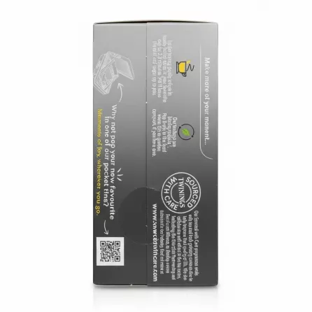 Side view showing biodegradable and care commitment of Twinings chai tea