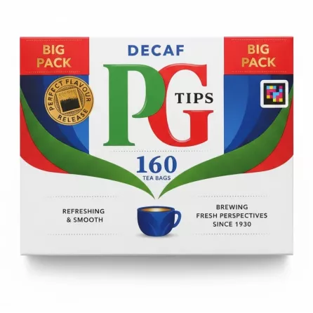 PG Tips Decaf tea big pack box front with 160 tea bags