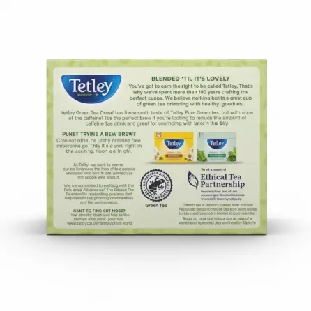 Tetley Green Tea Decaf Pure Green tea box back with product info