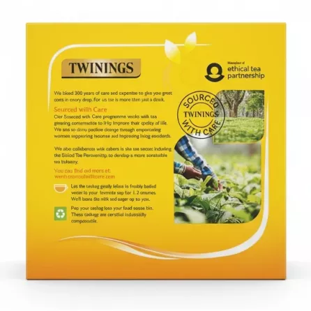 Twinings tea box back with ethical sourcing information