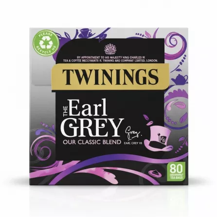Twinings Earl Grey tea box front showing classic blend with purple swirls